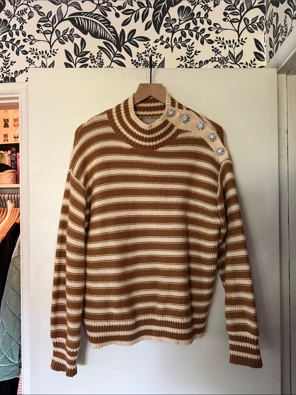 Striped Camel and Cream Button-Shoulder Crewneck Sweater